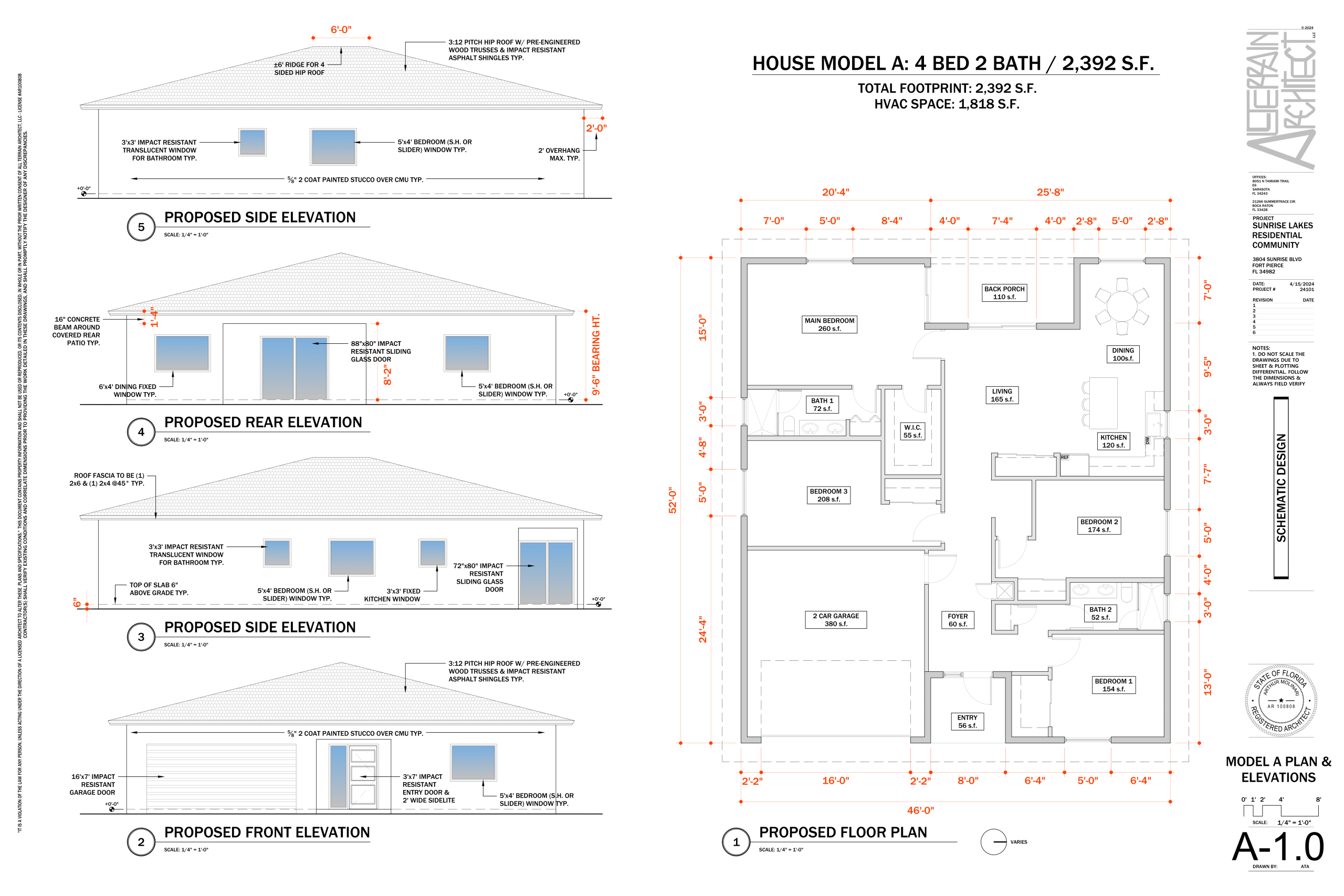Sunrise Lakes_House Model A Floor Plan+Elevations_4-15-24-1
